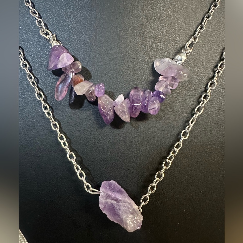 LOVELY AMETHYST DOUBLE CHAIN NECKLACE EARRING SET